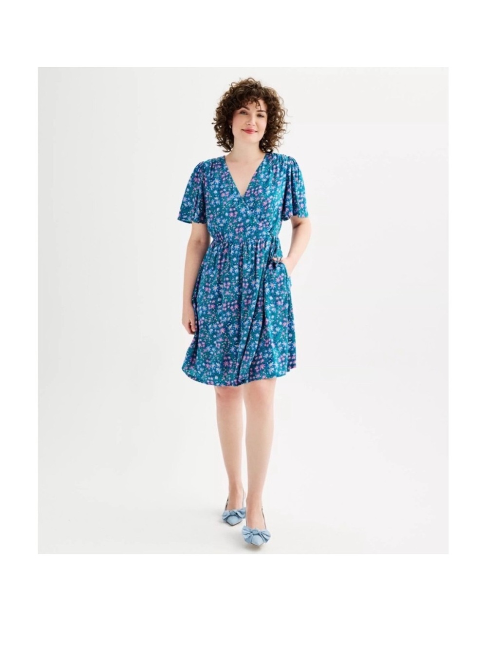 Draper James Teal Floral Wrap Dress Short Flutter Sleeve V-Neck Midi Pockets M